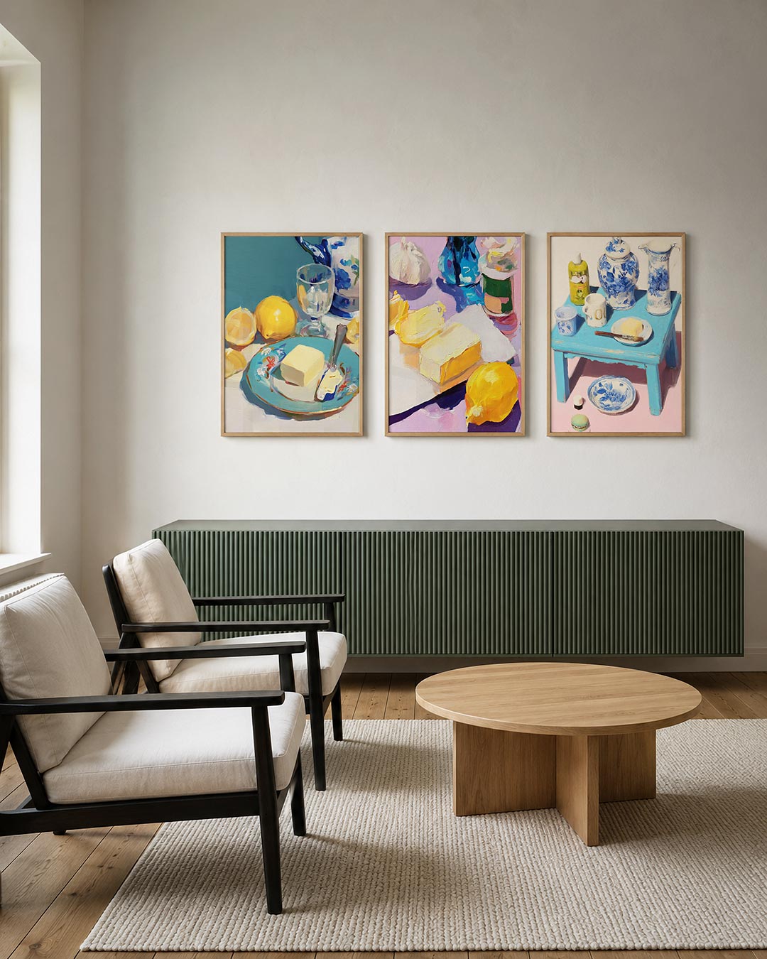 Kleurrijk ontbijt posterset – tweede productweergave – een levendige compositie met citroenen, een boterblok op