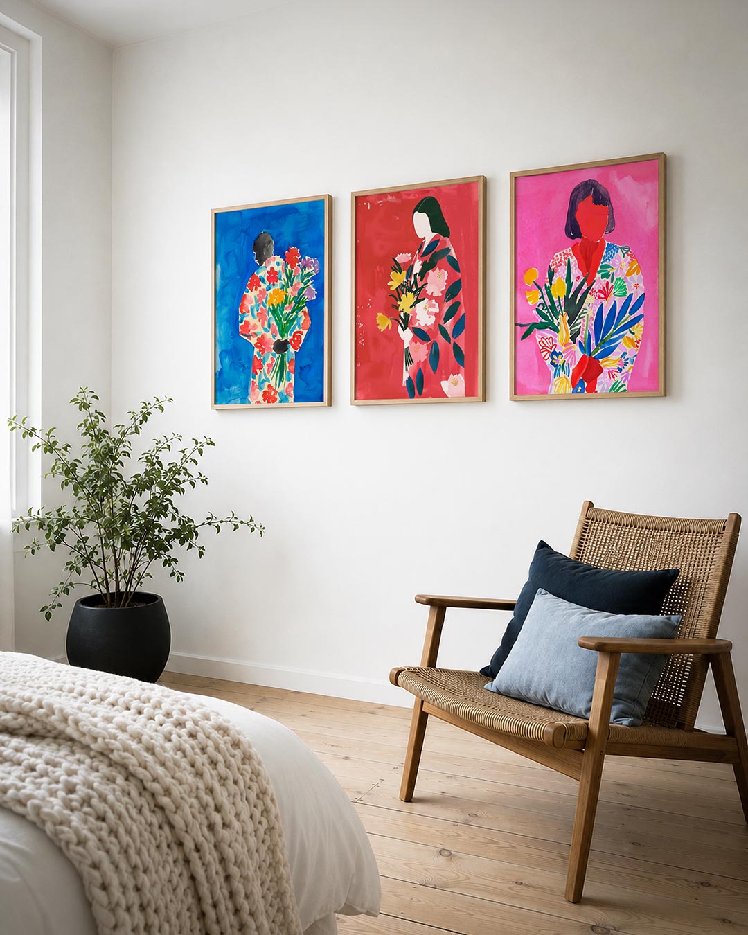 Bloemen en silhouet posterset – derde productweergave – een silhouet met een kleurrijk bloemenpatroon tegen een