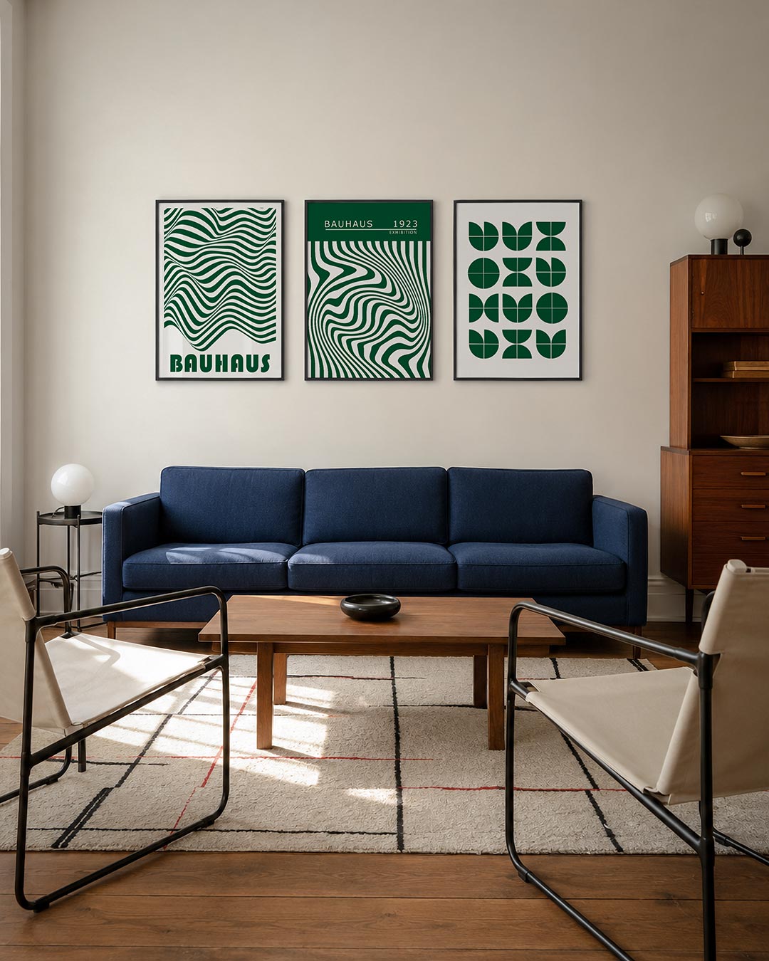 Golvend lijnenspel driedelige posterset – deze posterset in drie delen toont een dynamisch spel van golvende groene lijnen op
