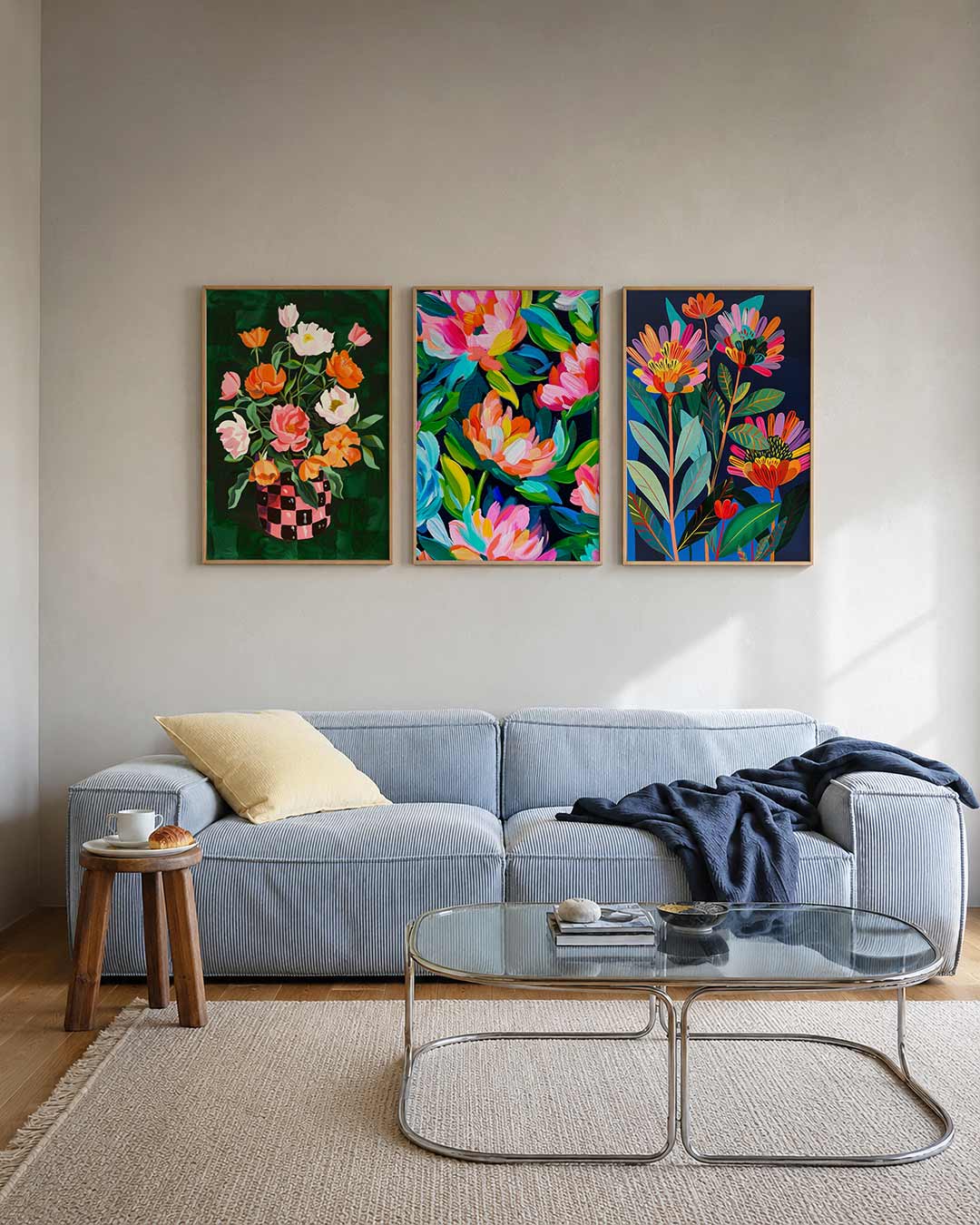 Bloemrijke vormen posterset – tweede productweergave – een levendige bloemencompositie met roze en oranje bloemen