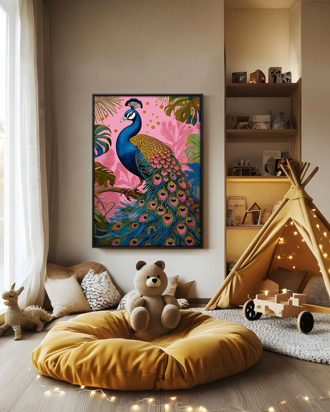 Kleurrijke Pauw in Tropisch Paradijs – canvas wanddecoratie in portret formaat