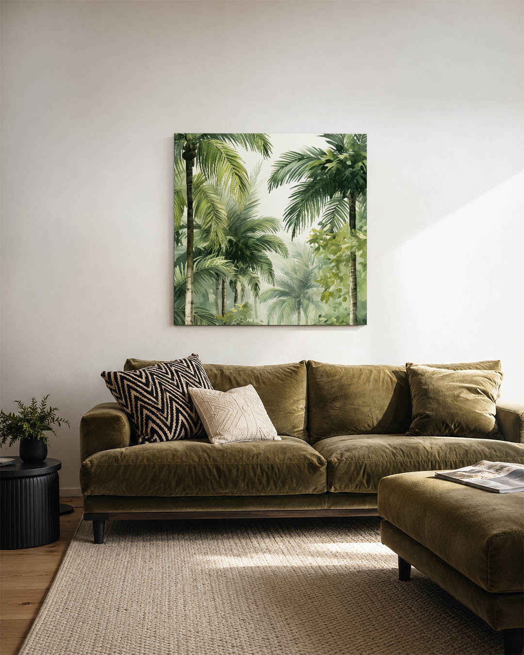Tropische palmbladeren kunstwerk – sfeerbeeld – dit werk toont weelderige palmbladeren in verschillende tinten groen, met een