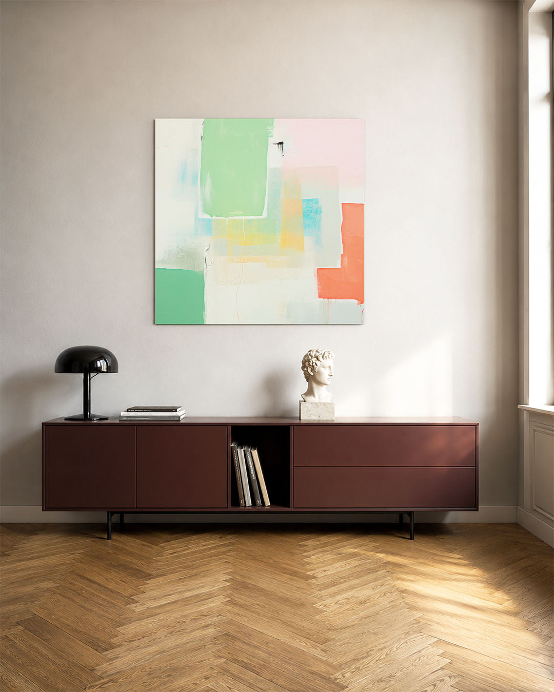 Kleurrijke vlakken kunstwerk – tweede productweergave – dit werk toont een compositie van overlappende rechthoeken in zachte