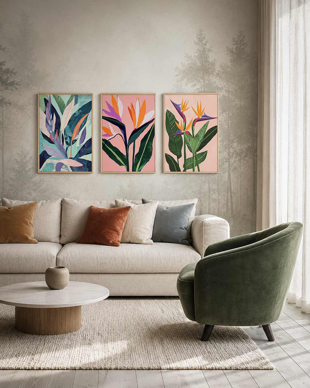 Bladvormen en kleuren driedelige posterset – deze posterset in drie delen toont een speelse mix van