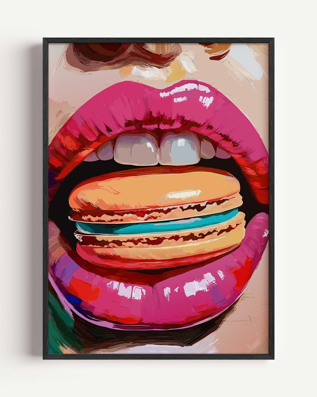 Kleurrijke Lippen & Macaron – zomer portret poster als wanddecoratie