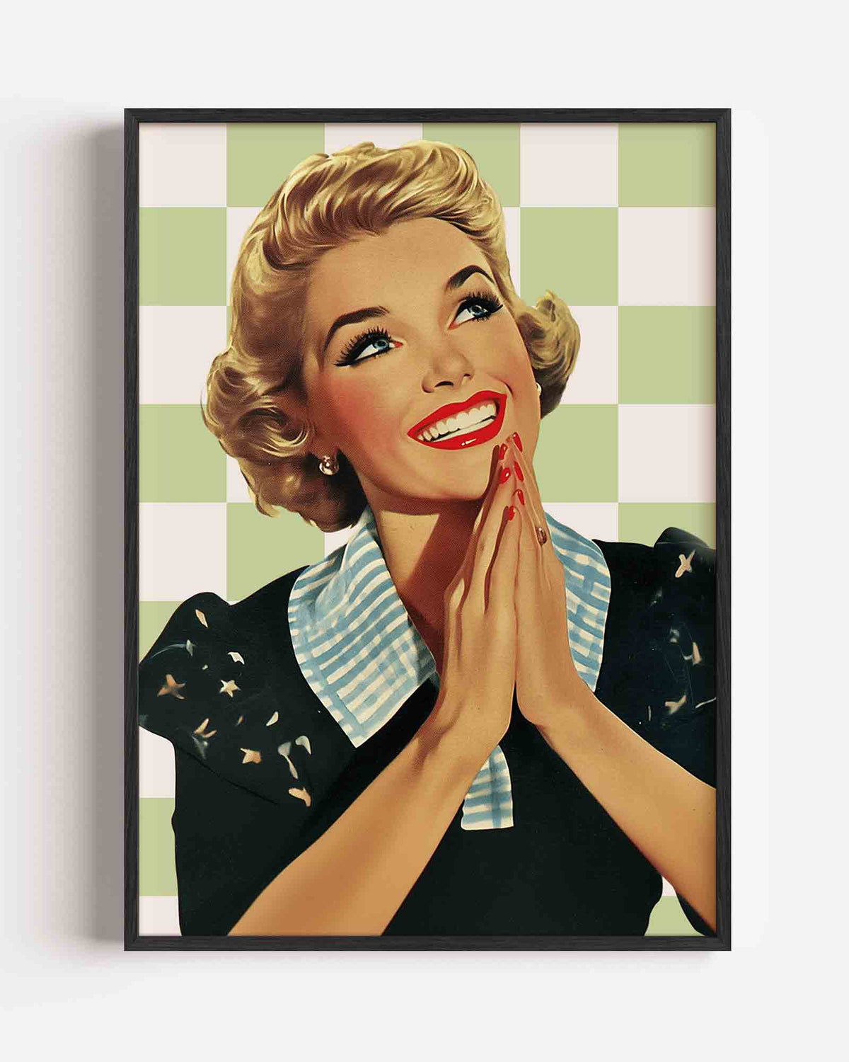 Vrouw met geblokte achtergrond – Pop Art portret poster als wanddecoratie