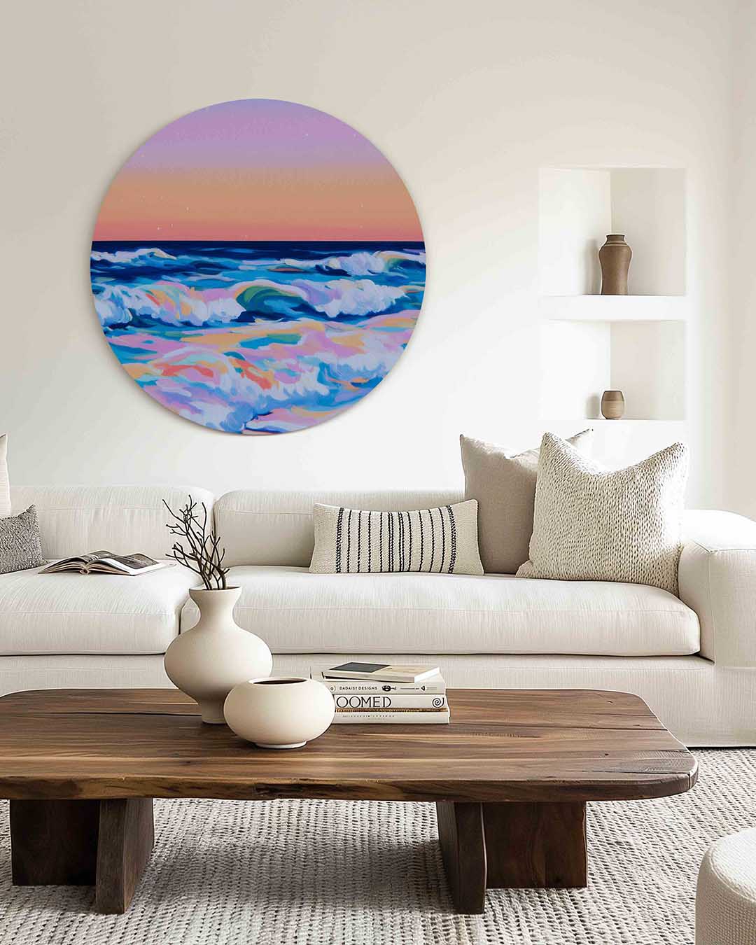 Zonsondergang zee – muurcirkel met kleur en vormen voor aan de muur