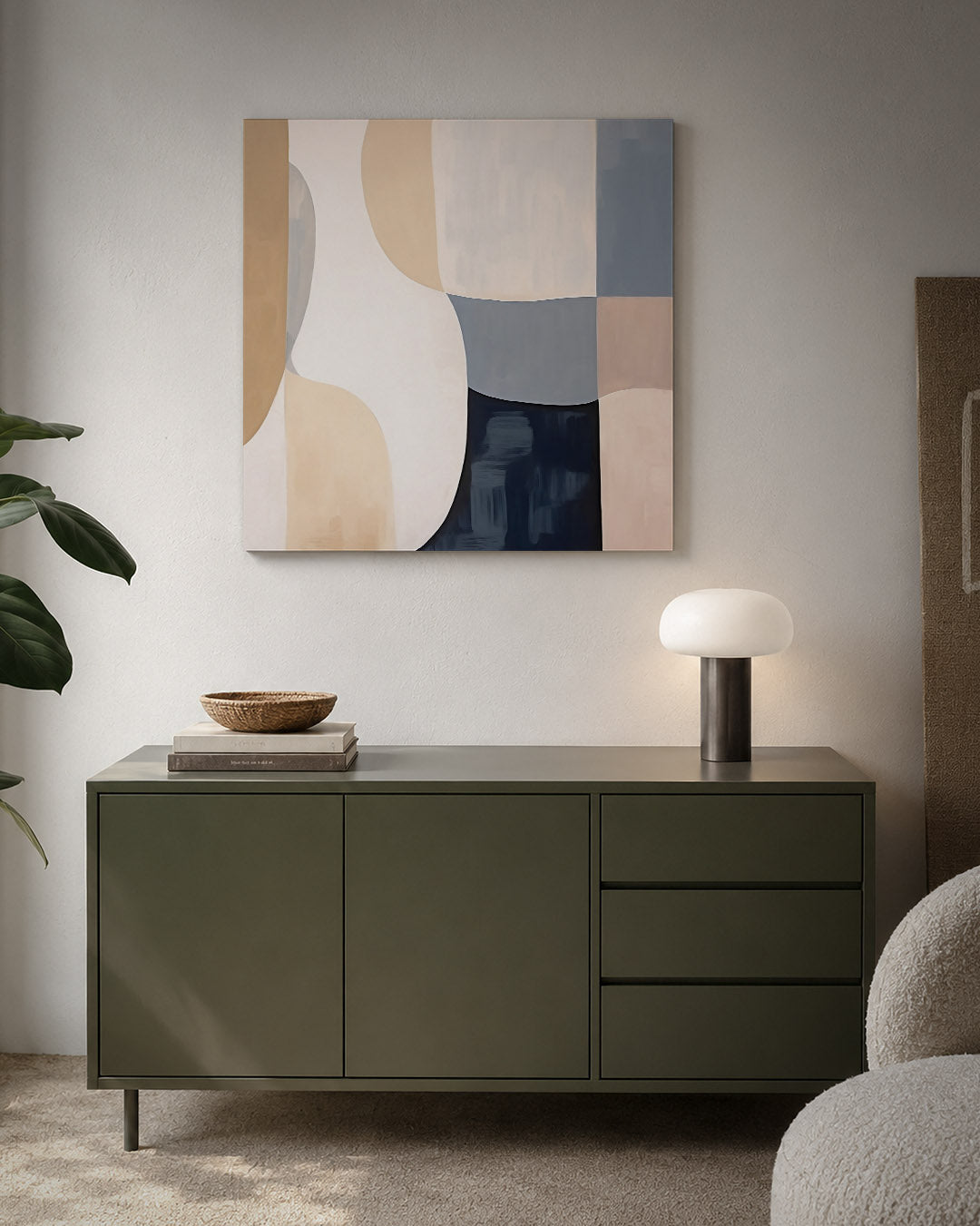Organische vormen compositie kunstwerk – detailweergave – dit werk toont een harmonie van vloeiende vormen en zachte kleuren