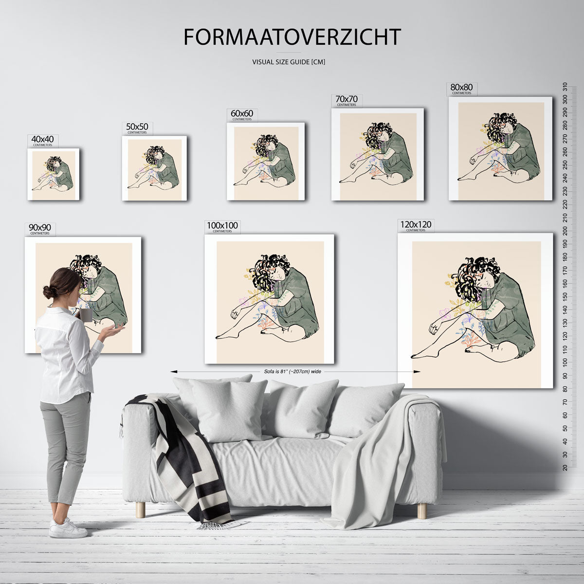 Zittende figuur met bloemen – vierkante muurposter met kleurrijke vormen