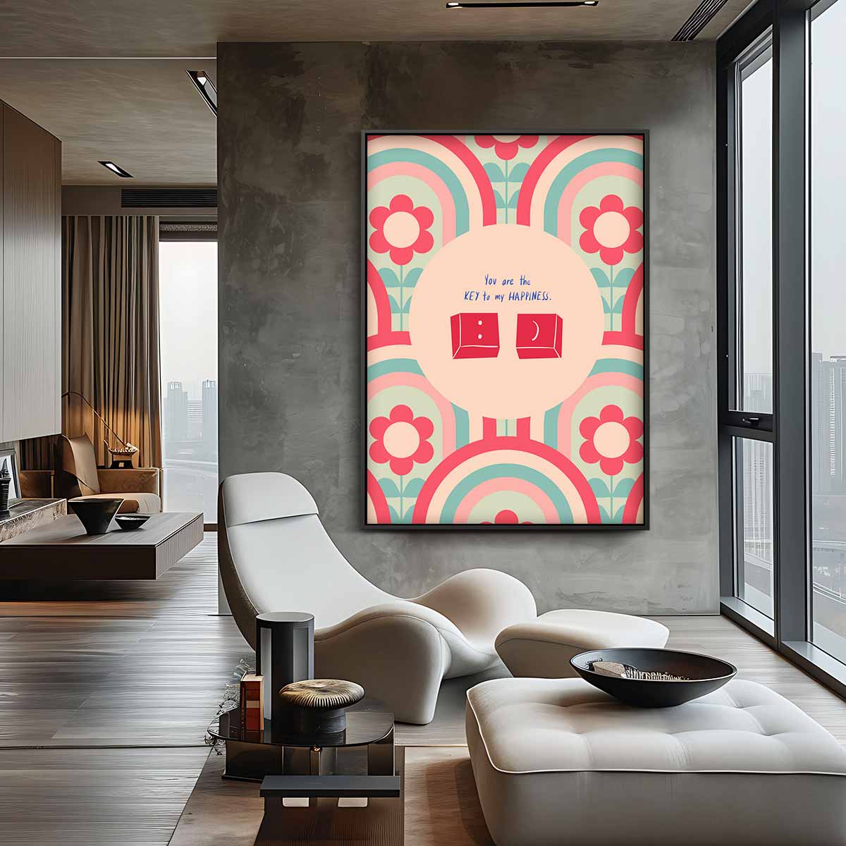 Retro Bloemen Geluksposter – staande wandkunst voor woonkamer of interieur