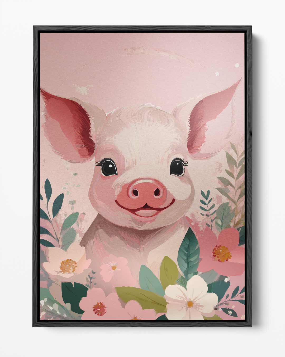Vrolijk Varkentje met Bloemen – portret kunstwerk als wanddecoratie
