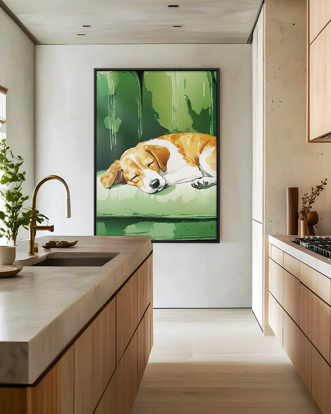 Slapende Beagle op Groene Bank – dibond wanddecoratie in staand formaat