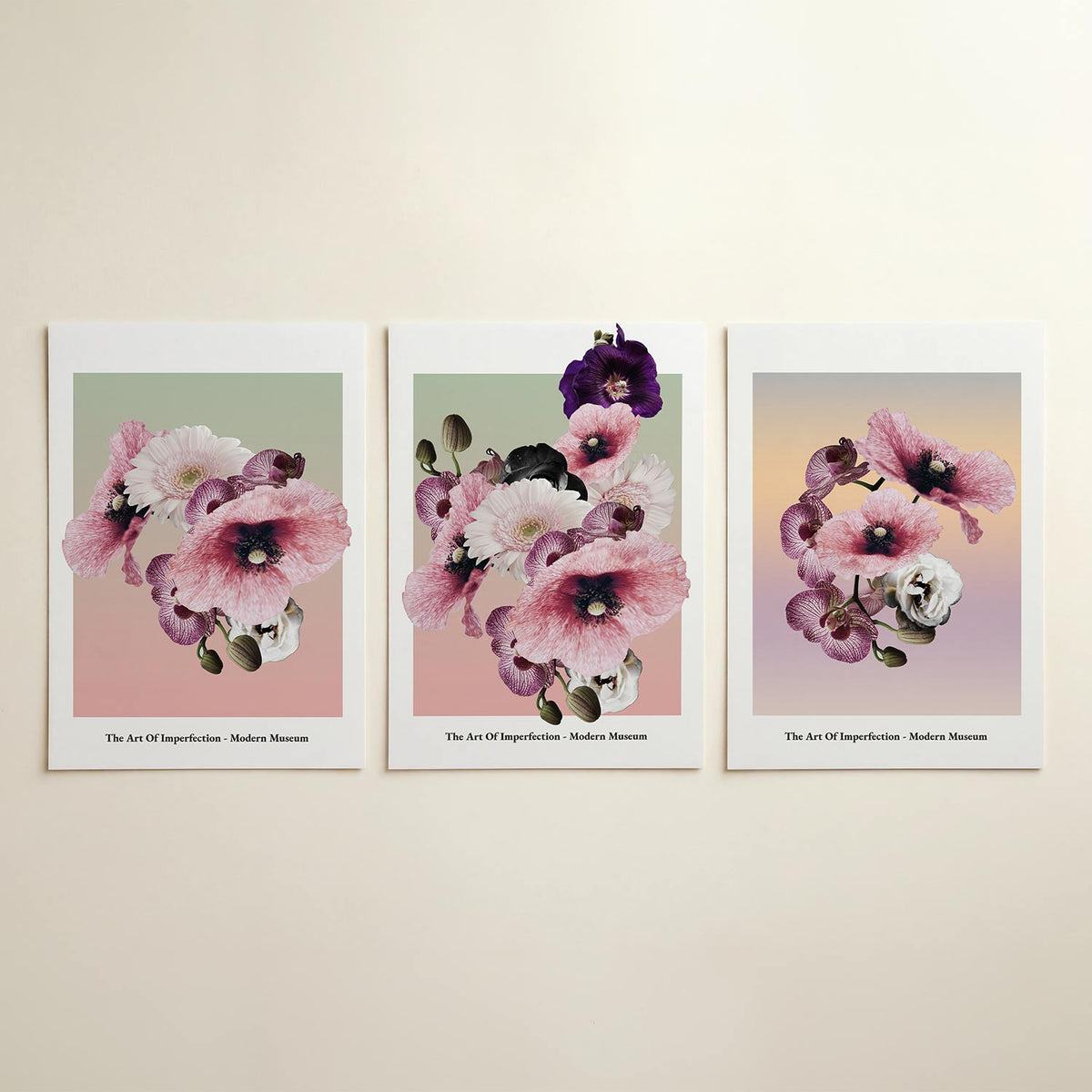 Bloemenharmonie posterset – detailweergave – een delicate compositie van roze en witte bloemen tegen een
