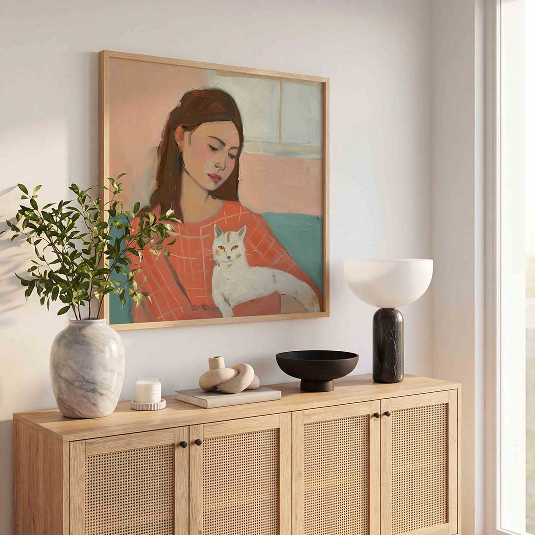 Vrouw met kat – kunst en design poster in vierkant formaat