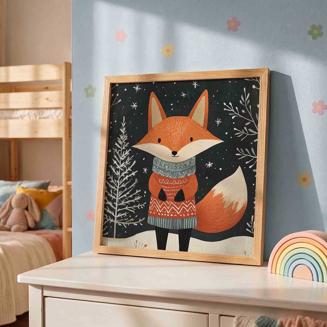 Vos met trui – speelse wandkunst als vierkante kinderposter