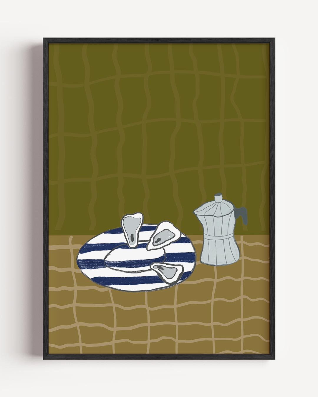 Stijlvolle Cafetière en Oesters – keuken portret poster als wanddecoratie