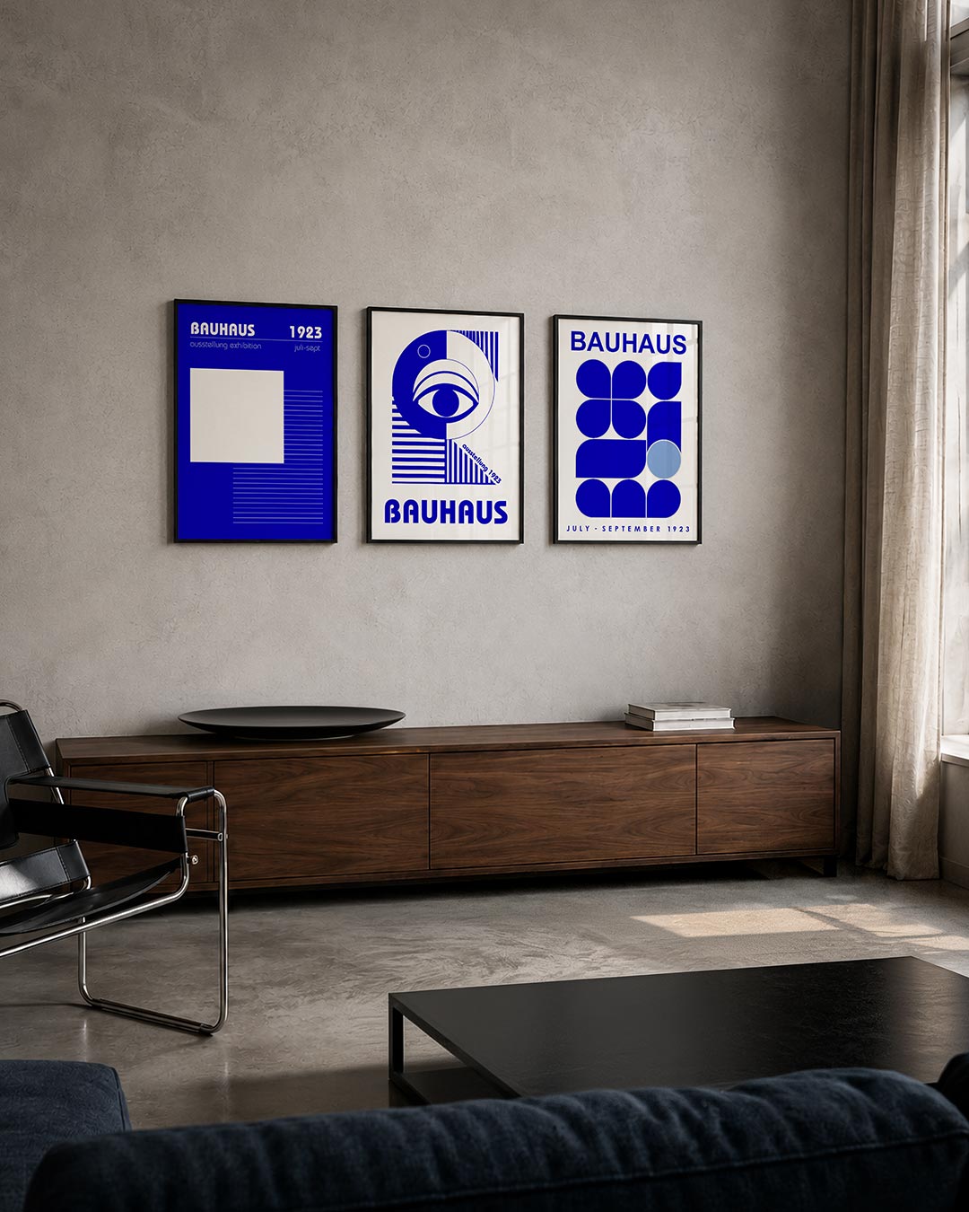 Lijnen en vlakken posterset – tweede productweergave – deze posterset in drie delen toont een levendig spel van blauwe en