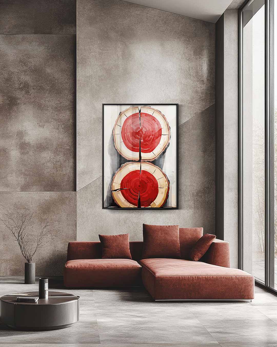 Houtschijven met Knallend Rood – staande wandkunst voor woonkamer of interieur
