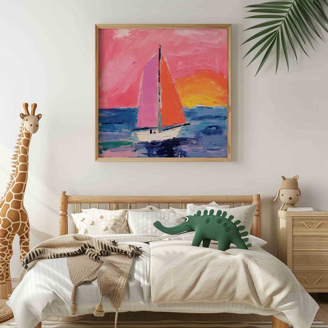Zeilboot en zonsondergang – vierkante kinderkamer wanddecoratie van WallArtistic