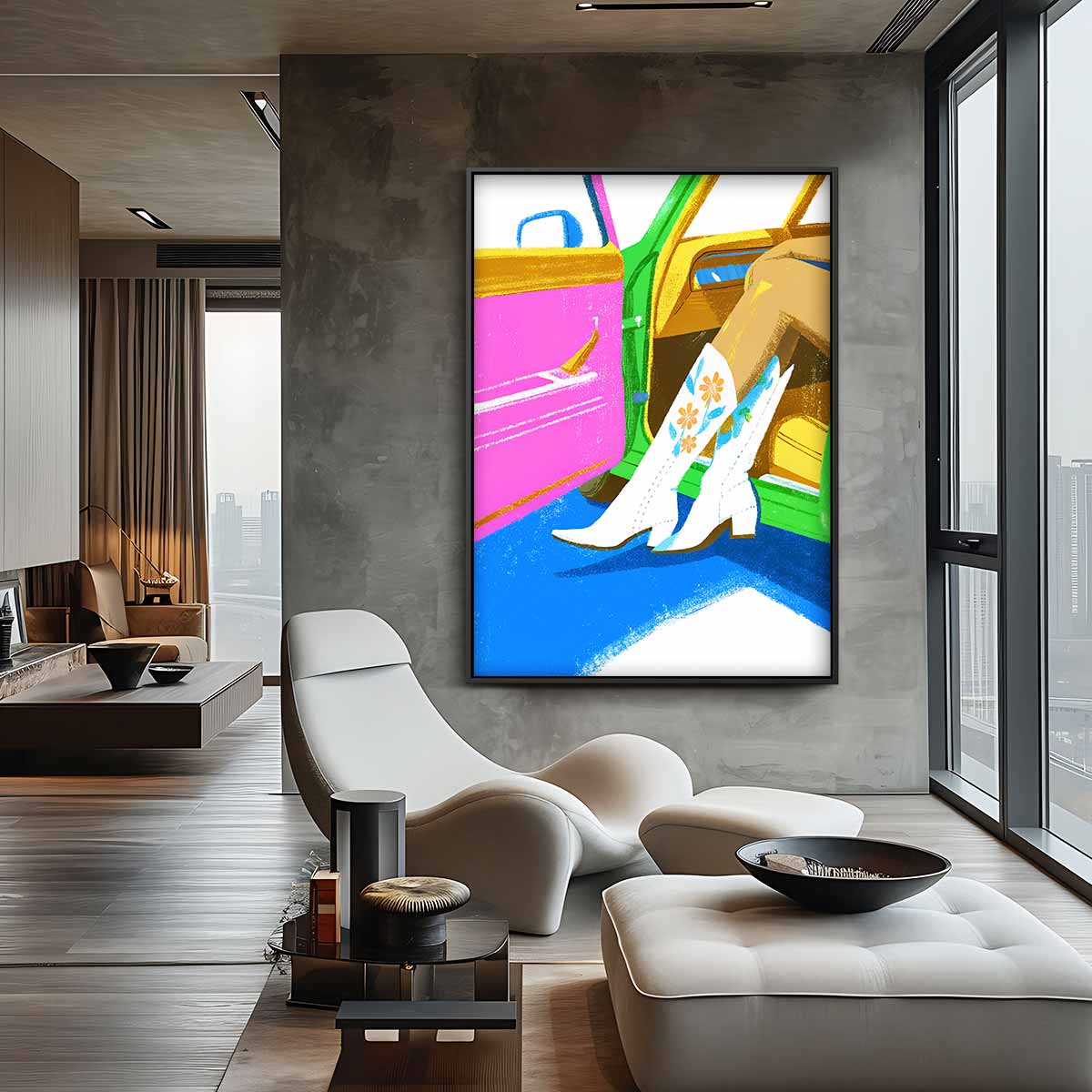 Stijlvolle Cowboylaarzen in Retro Auto – staand kunstwerk voor modern interieur