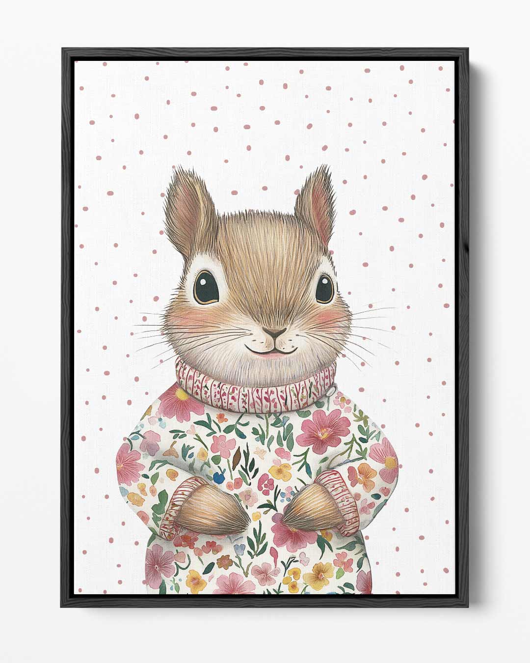 Schattige Eekhoorn in Bloemen Trui – portret kunstwerk als wanddecoratie