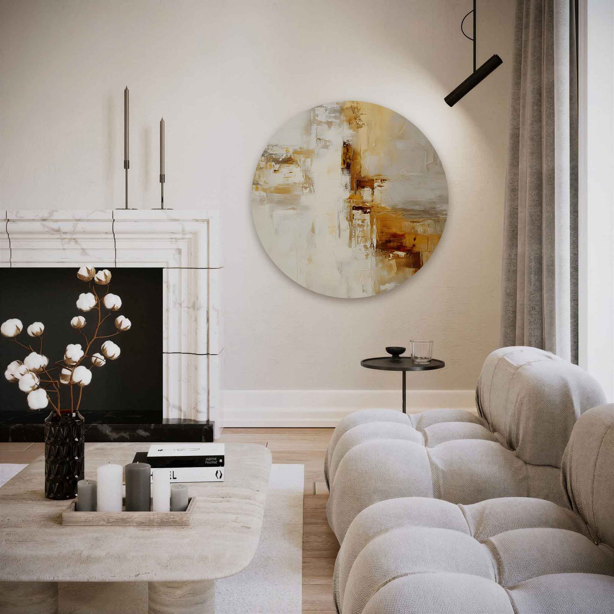Abstracte beige – abstracte muurcirkel als ronde wanddecoratie