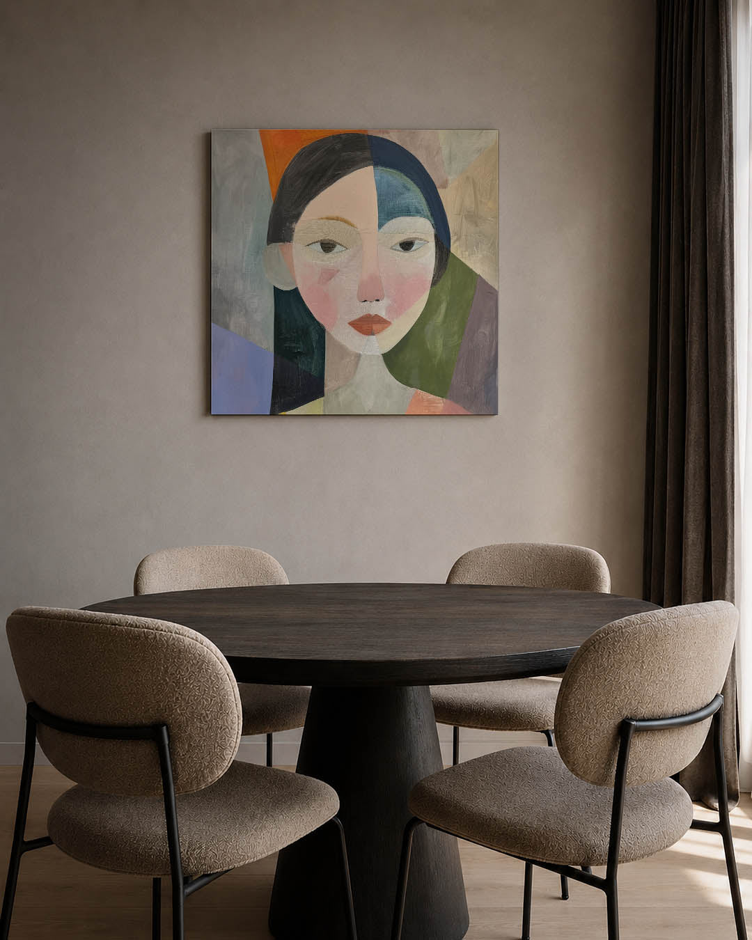 Geometrisch portret kunstwerk – tweede productweergave – dit werk toont een gezicht opgebouwd uit geometrische vormen en