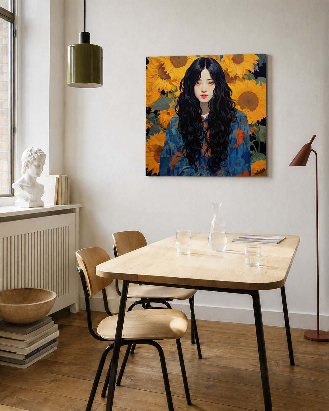Vrouw met zonnebloemen kunstwerk – vierkante wanddecoratie – dit werk toont een vrouw met lange donkere haren, omgeven door