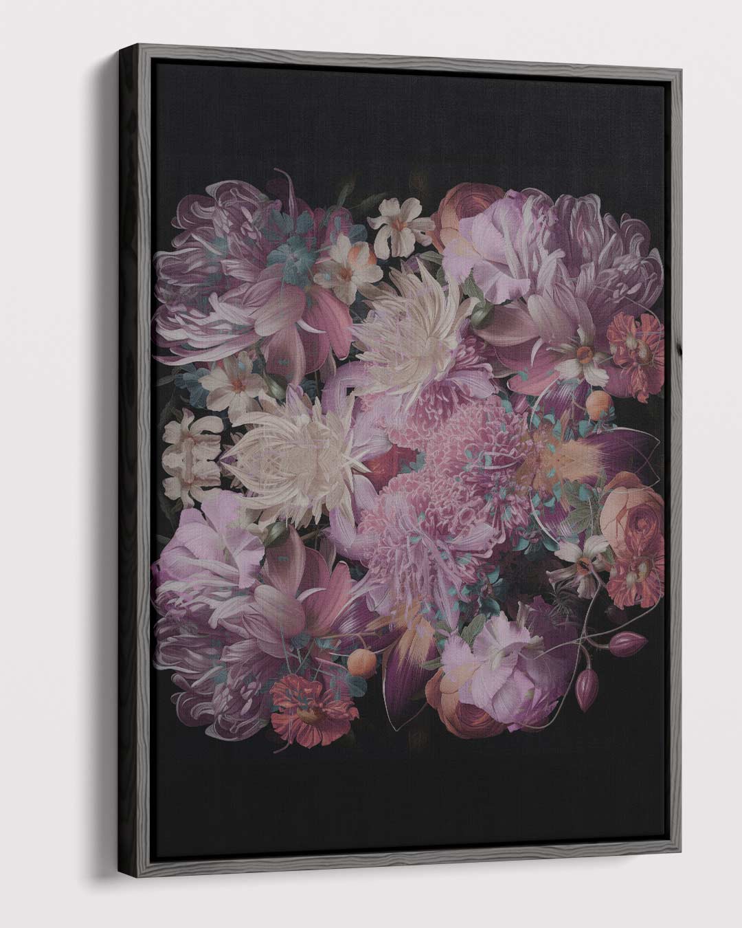 Bloemenpracht op Zwart – canvas wanddecoratie in portret formaat
