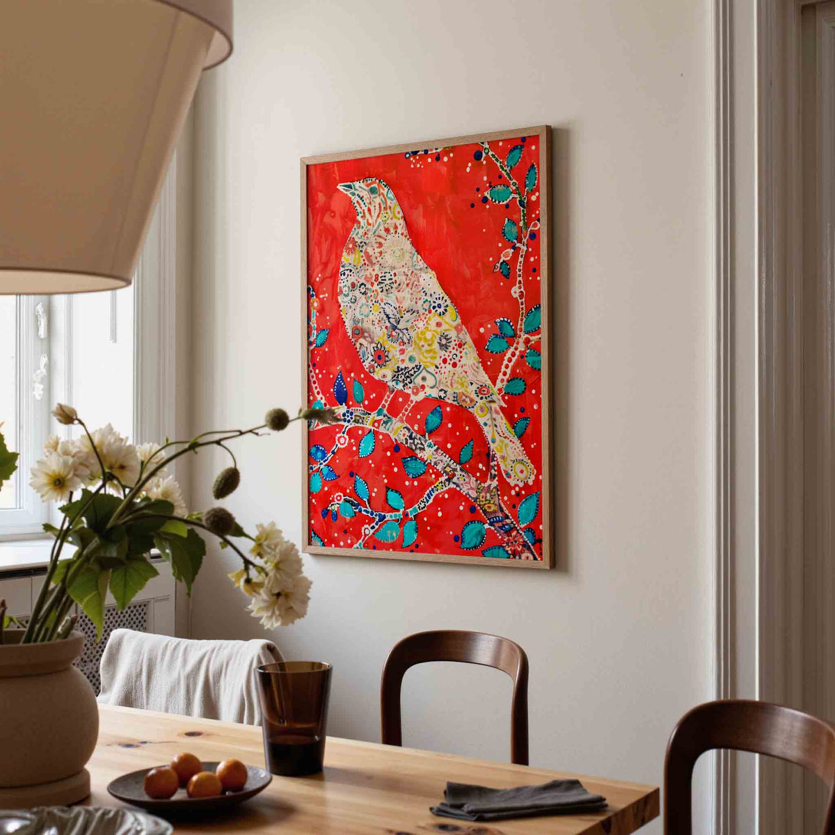 Vogel met bloemenpatroon – kunst en design poster in portret formaat