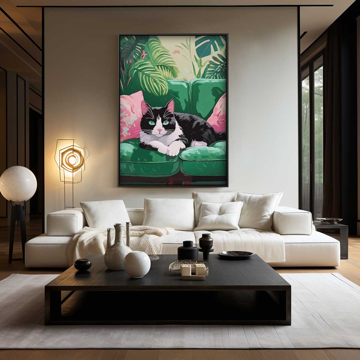 Relaxende Kat in Groene Jungle – kunstwerk met zwarte baklijst