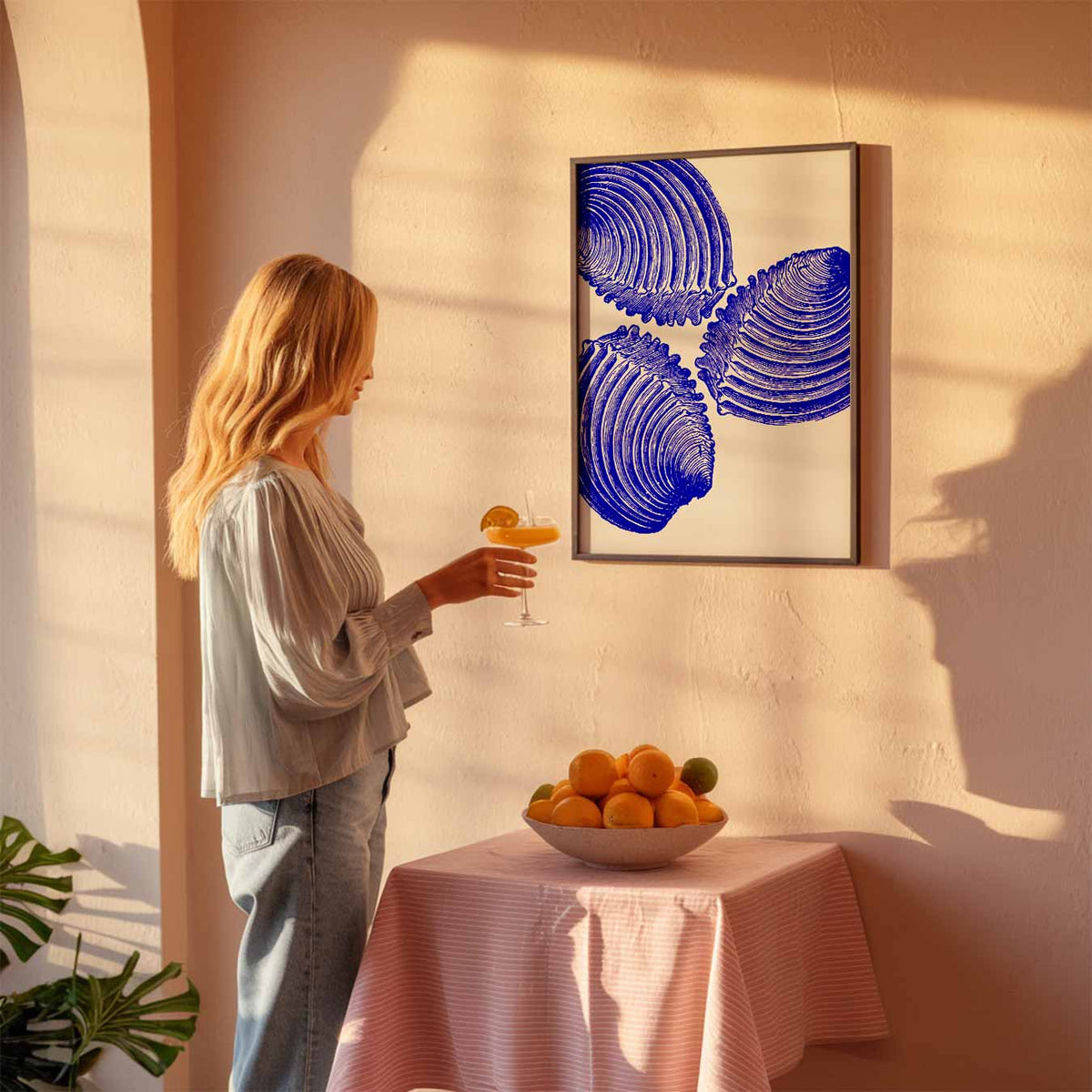 Moderne Blauwe Schelpenkunst – zeedierenposter als moderne staande wanddecoratie