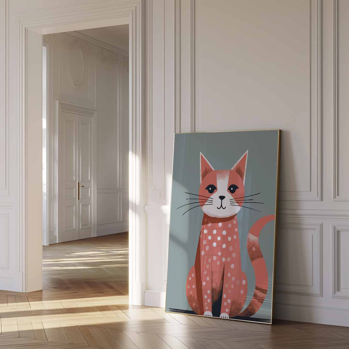 Stijlvolle Kattenposter met Polkadots – dierenposter als moderne staande wanddecoratie
