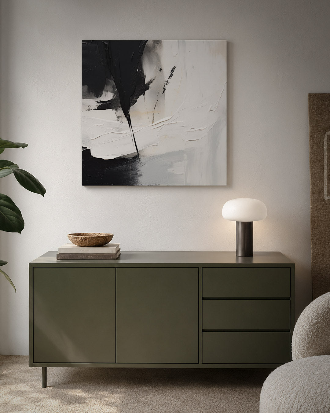 Dynamische kleurvlakken kunstwerk – detailweergave – dit werk toont een krachtige compositie van vloeiende zwarte en witte
