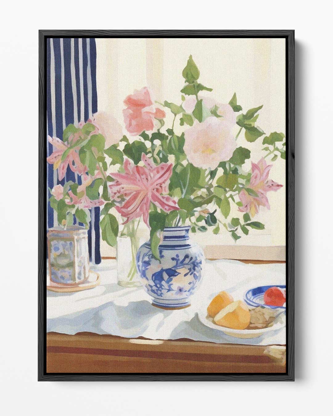 Bloemenpracht in Blauw-Witte Vaas – portret kunstwerk als wanddecoratie