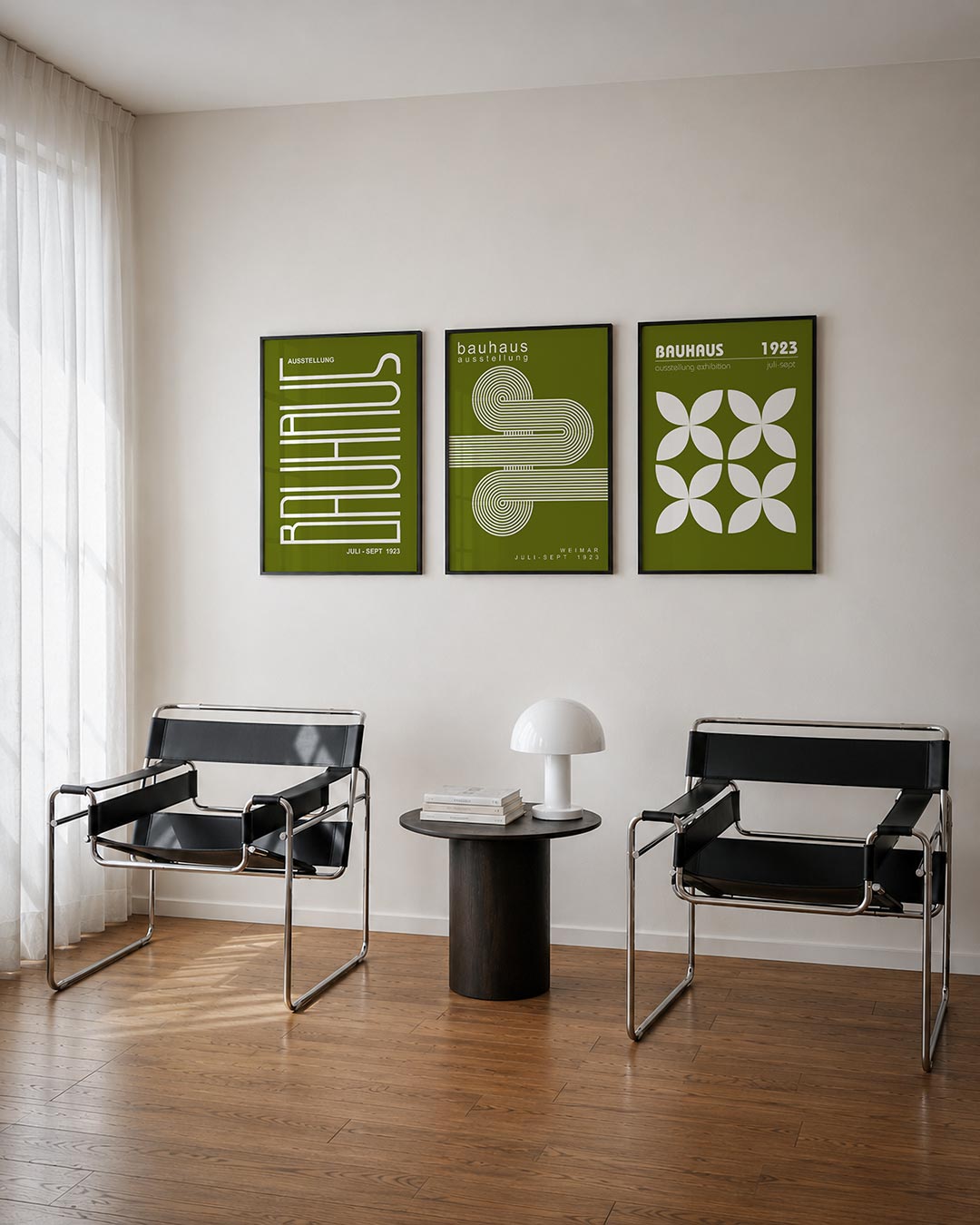 Lijnen en kleurvlakken driedelige posterset – deze posterset in drie delen toont een ritmisch lijnenspel op een olijfgroene