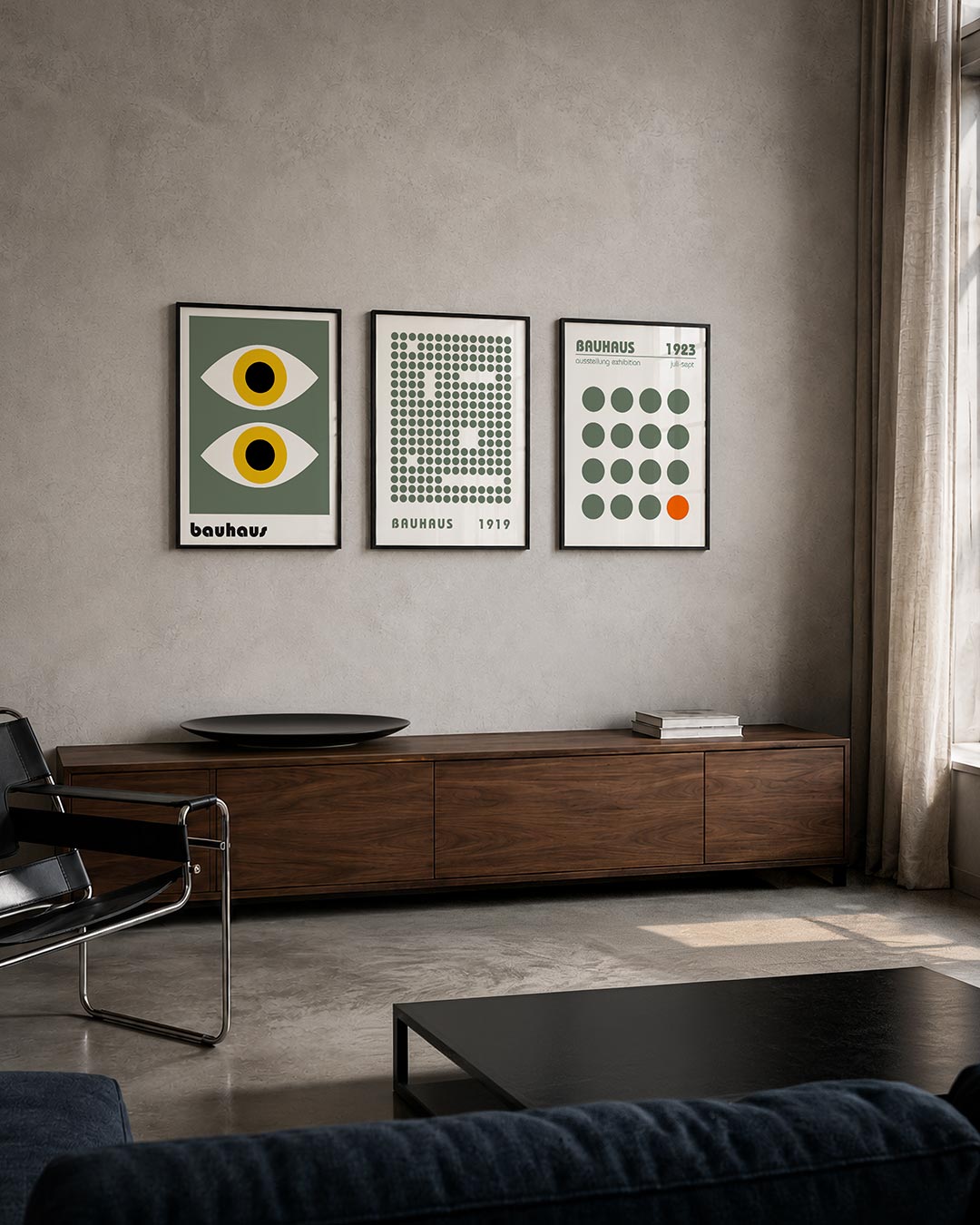 Oogvormen en kleur driedelige posterset – twee gestapelde ogen met een geel en zwart centrum op een grijsgroene achtergrond.