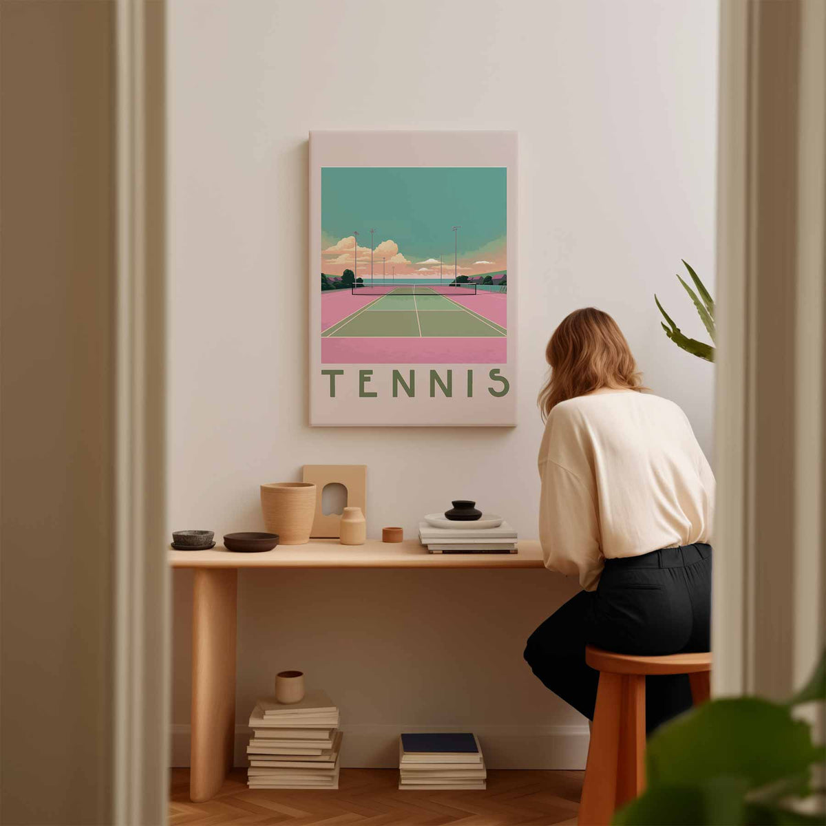 Kleurrijke Tennisbaan Zonsondergang – plexiglas wanddecoratie in portret formaat
