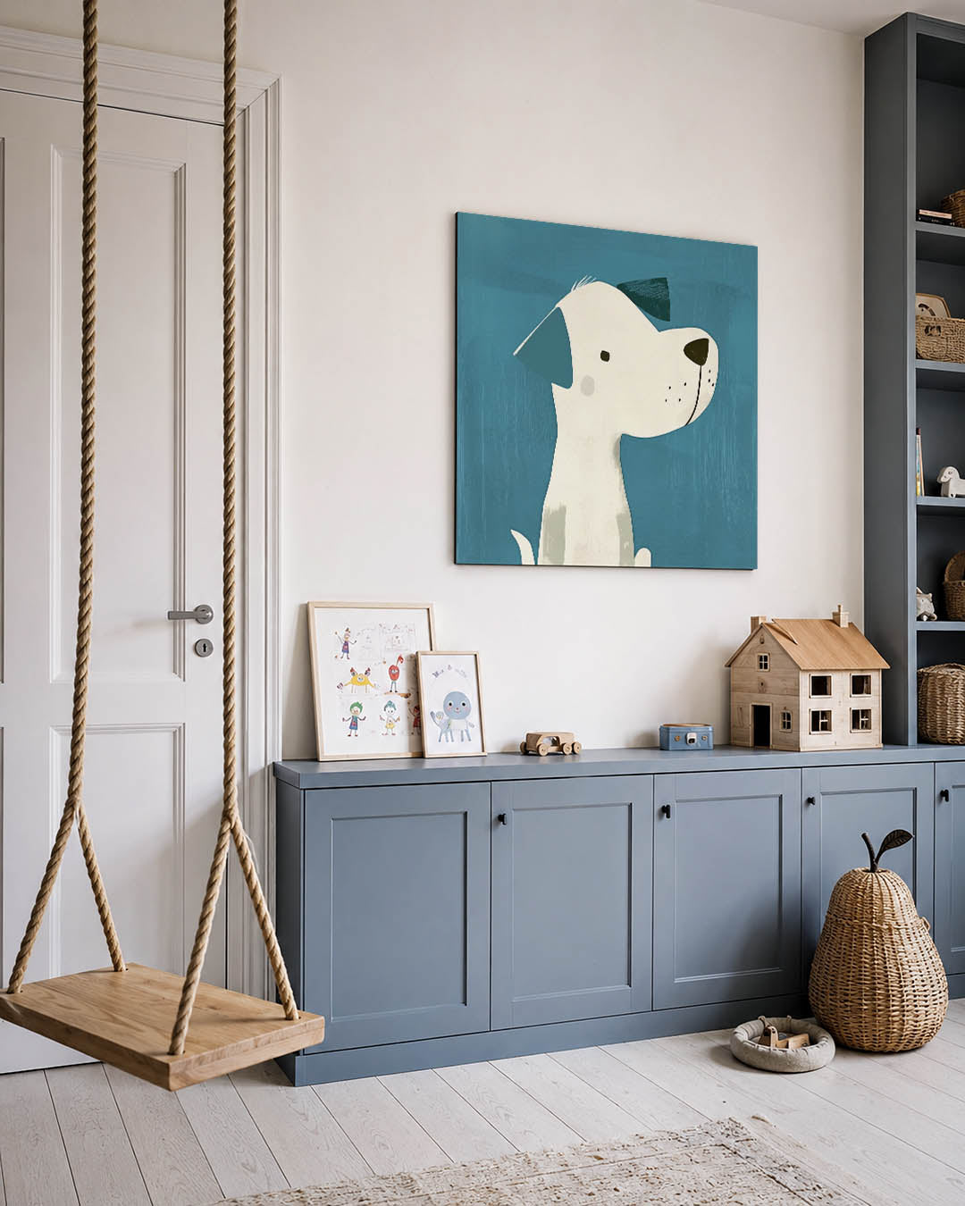 Speelse hond illustratie kunstwerk – vierkante wanddecoratie – dit werk toont een speelse hond met een blauwe achtergrond. De