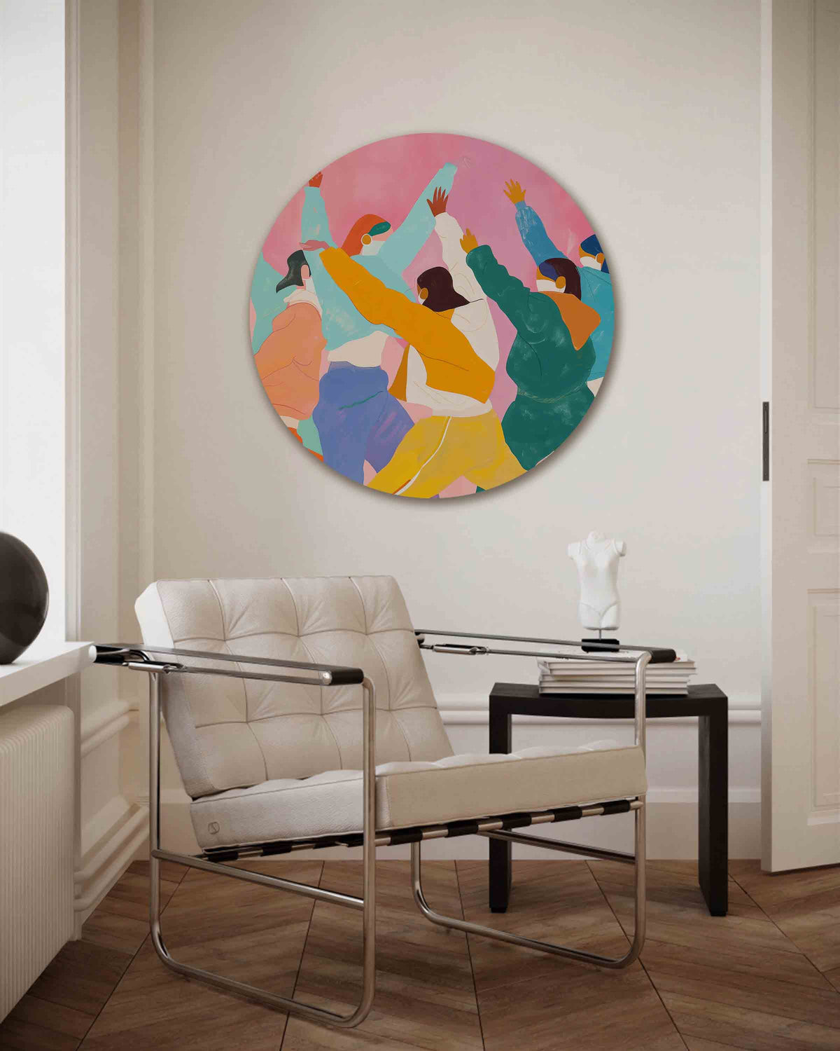 Dansende figuren – kleurrijke muurcirkel als ronde wanddecoratie
