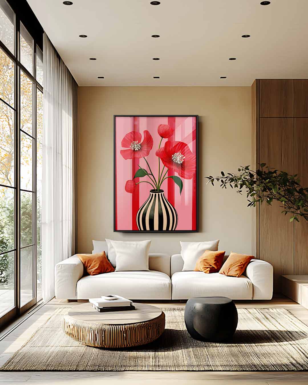 Vaas Met Rood Klaprozen – kunstwerk met zwarte baklijst