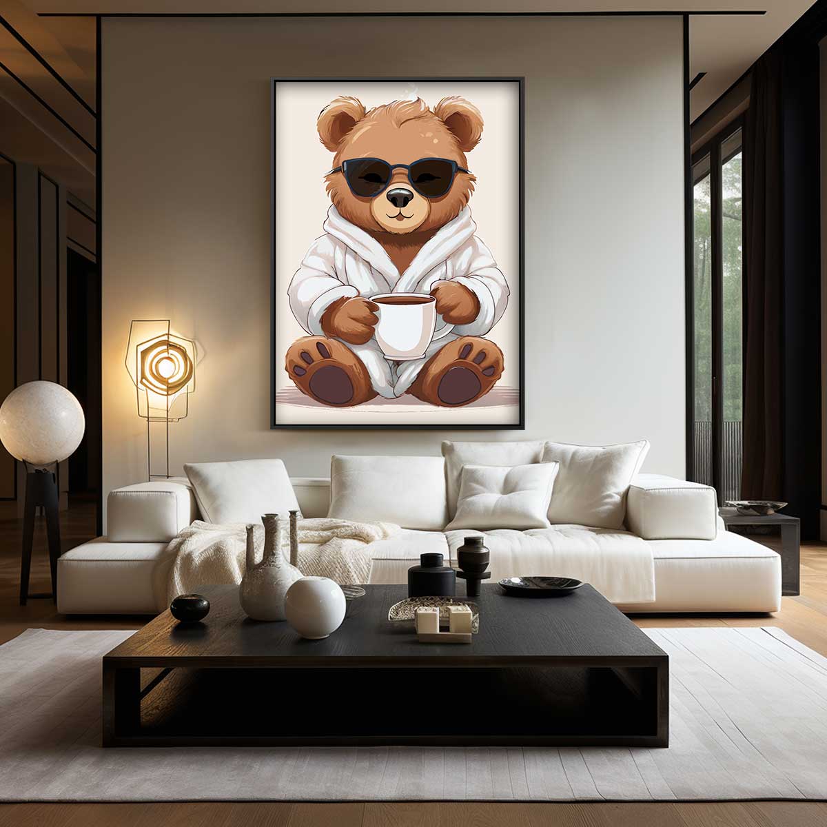 Relaxte Beer met Koffie – canvas wanddecoratie in portret formaat