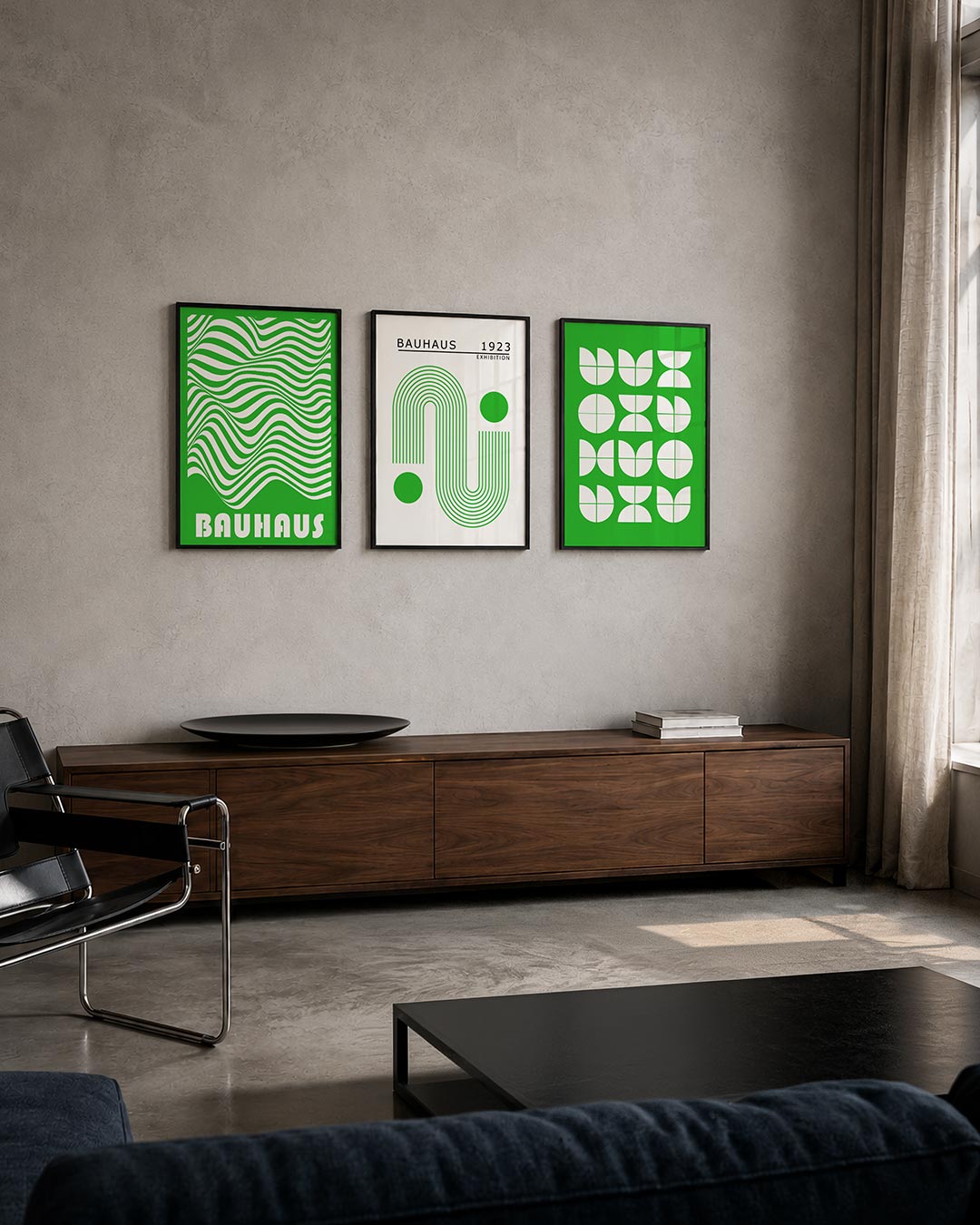 Golvend lijnenspel driedelige posterset – deze posterset in drie delen toont vloeiende, golvende lijnen in groen en wit. De