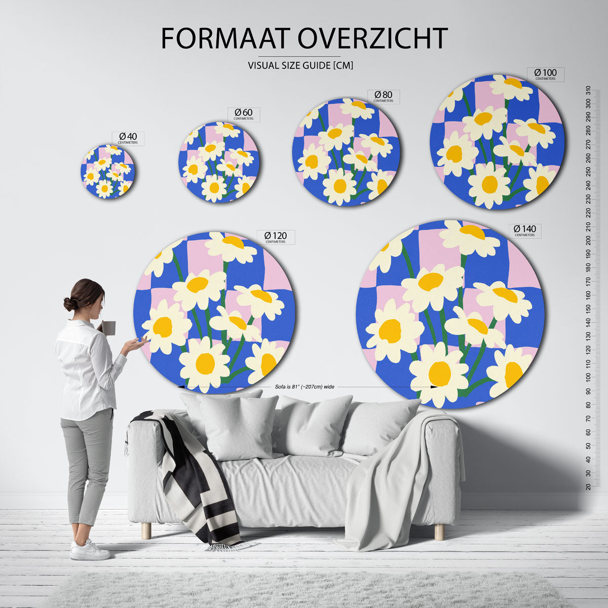 Madeliefjes op blauwe achtergrond – kleurrijke wandkunst als muurcirkel