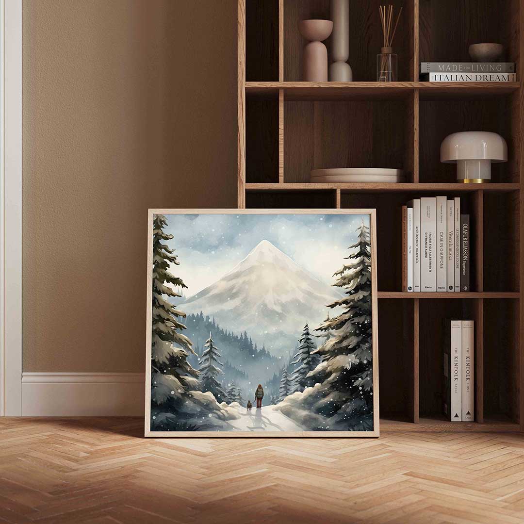 Winterlandschap met berg – kerstposter in vierkant formaat