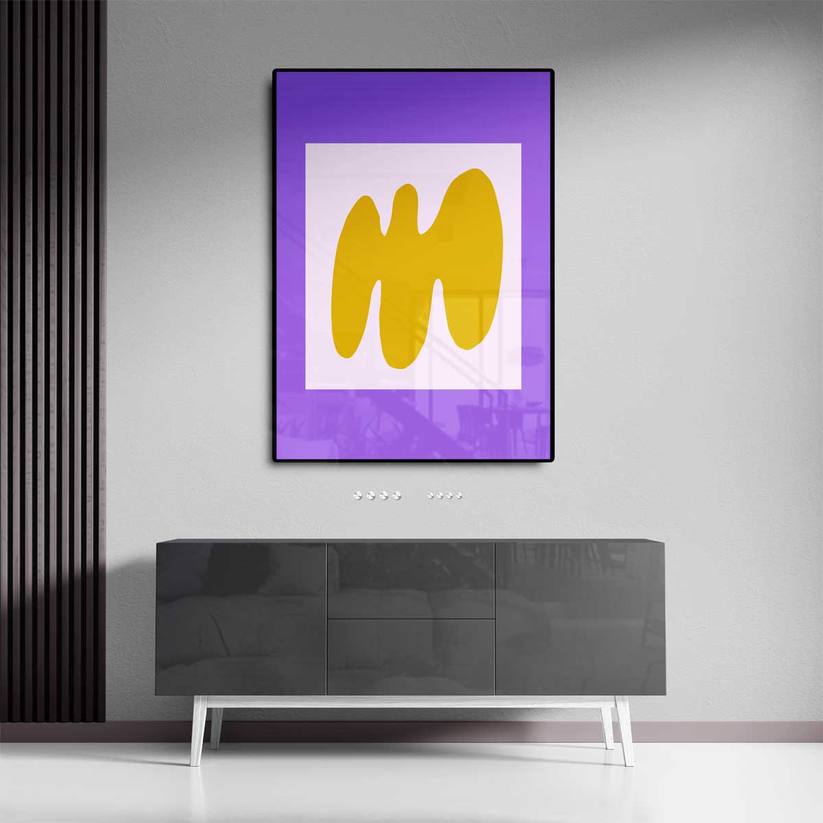 Abstracte Gele Golf op Paarse Achtergrond – canvas wanddecoratie in portret formaat