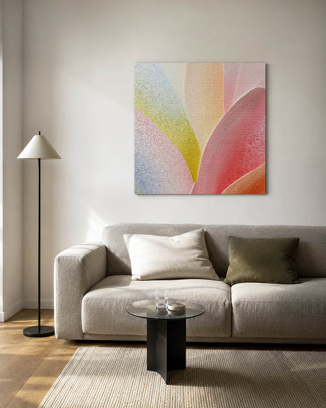 Vloeiende kleurencompositie kunstwerk – vierkante wanddecoratie – dit werk toont vloeiende lijnen en zachte overgangen tussen