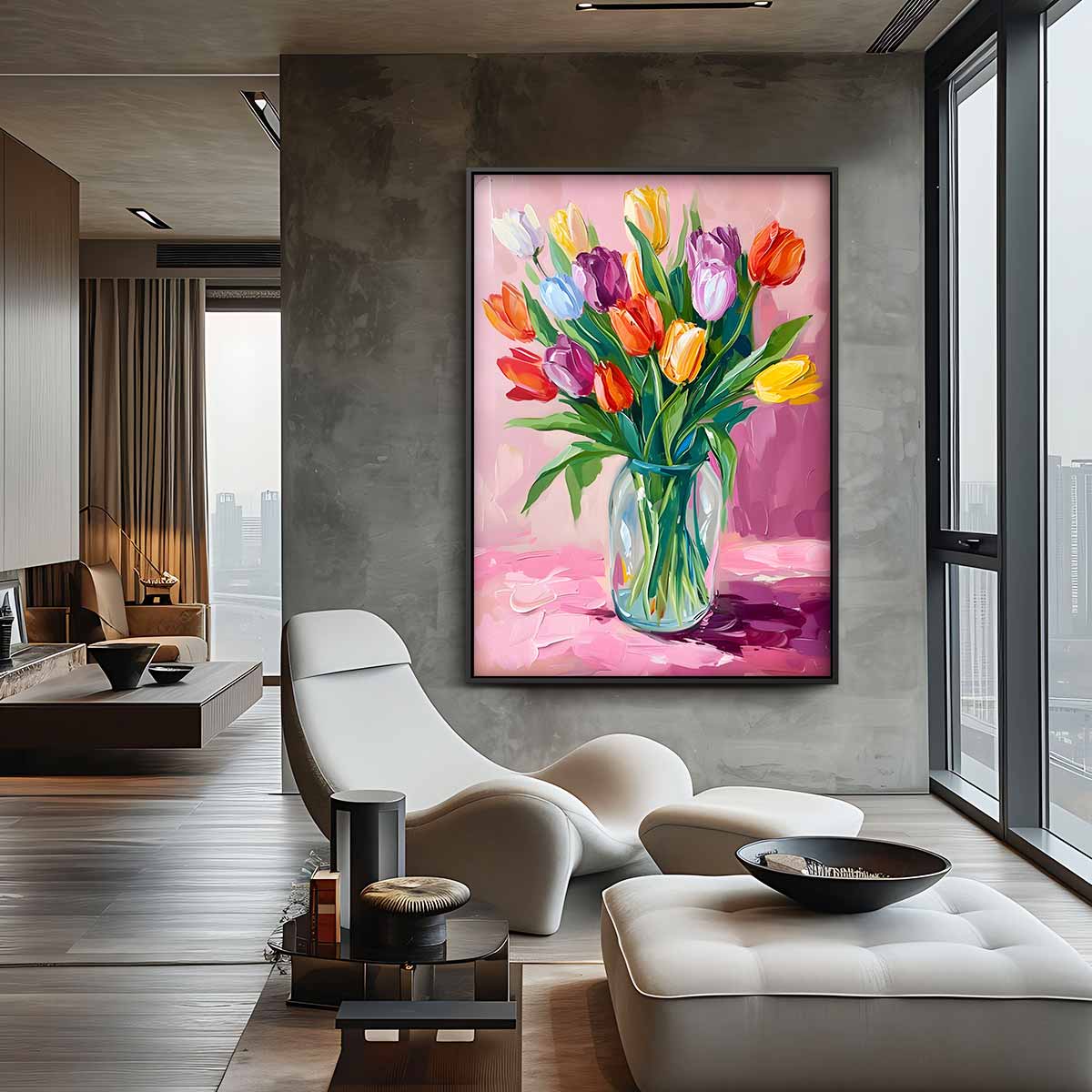 Kleurrijk Tulpenboeket – staande wandkunst voor woonkamer of interieur