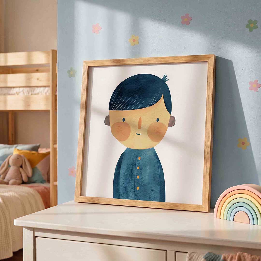 Jongen met blauwe jas – speelse wandkunst als vierkante kinderposter