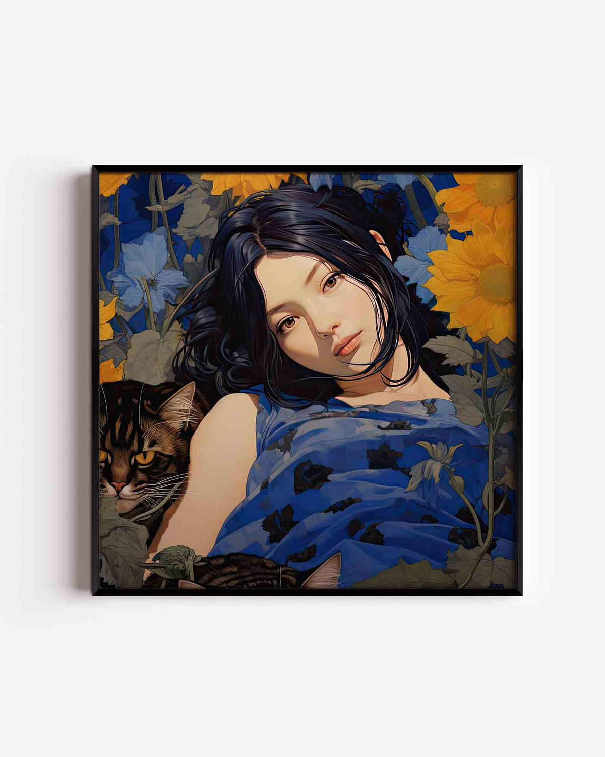 Vrouw met katten en bloemen – kleurrijke illustratie poster als wanddecoratie